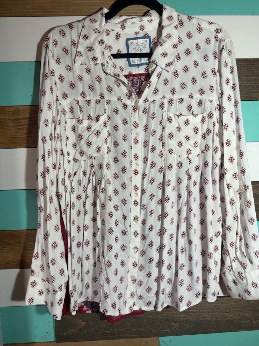 Style & Co. White Shirt with Burgundy Medallion Print